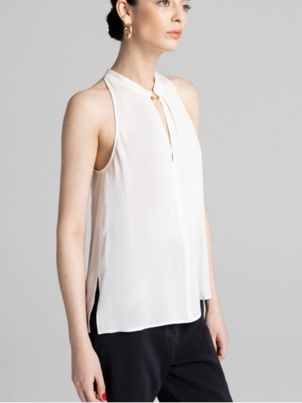 A.L.C. White Silk Blouse Keyhole Sleeveless White Halter Neck Gold Horseshoe 2